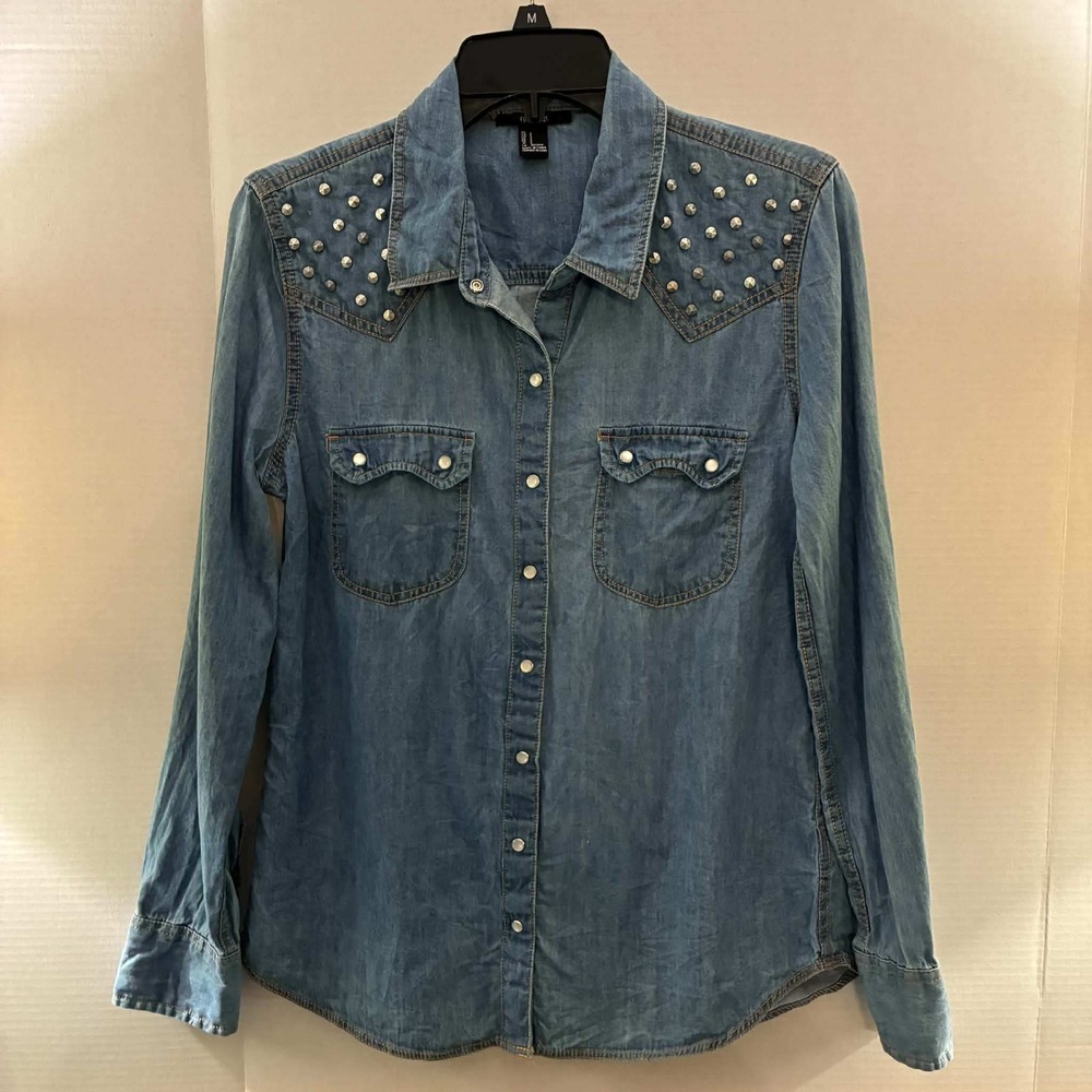 Forever 21 Denim Shirt Womens S Blue Studded Western Pearl Snap